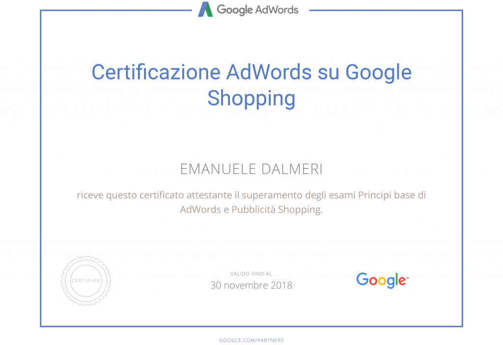 Google Partners - Certificazione Emanuele Dalmeri GOOGLE SHOOPING
